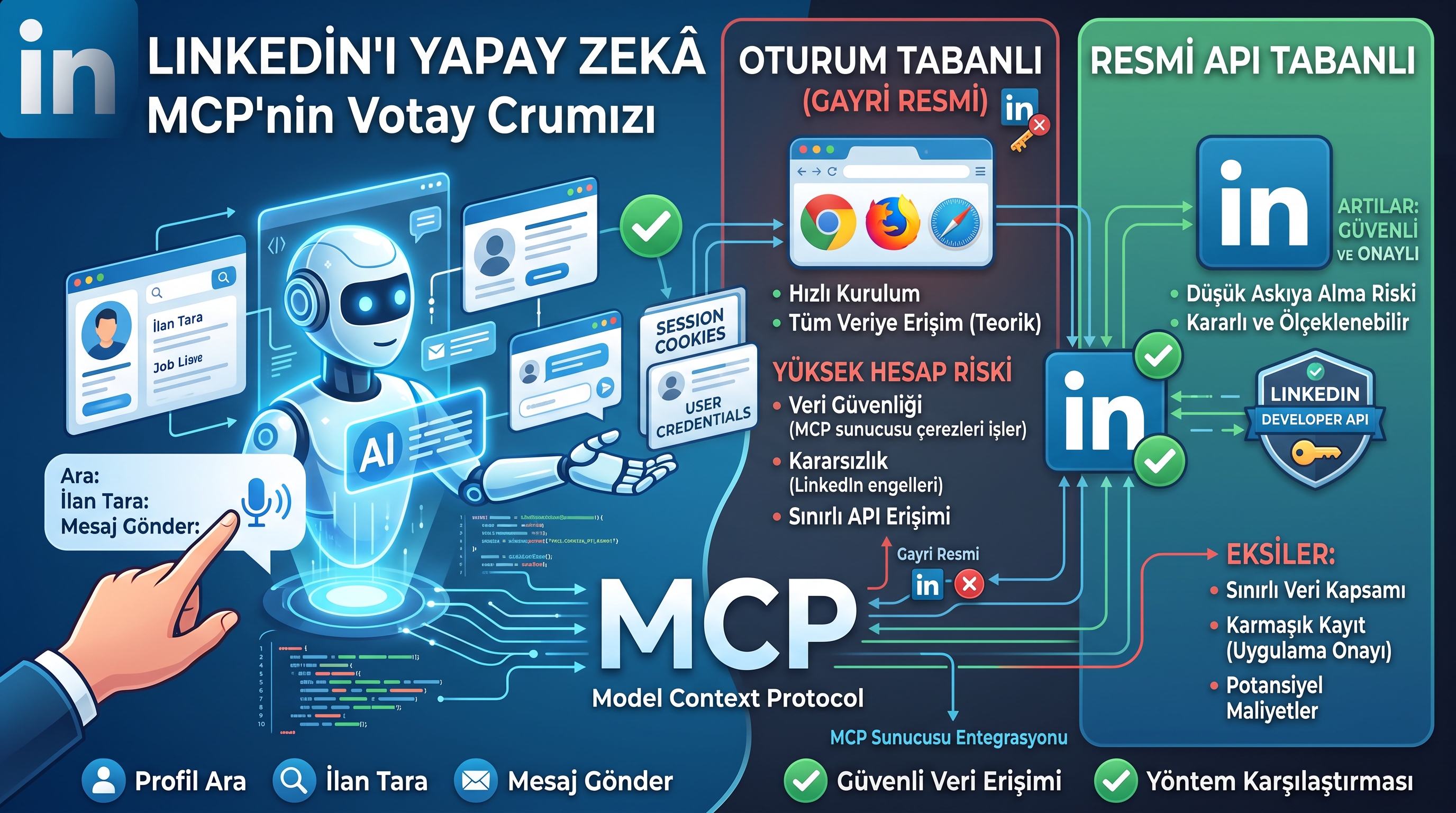 Oturum tabanlı ve resmi API tabanlı LinkedIn MCP server'ları